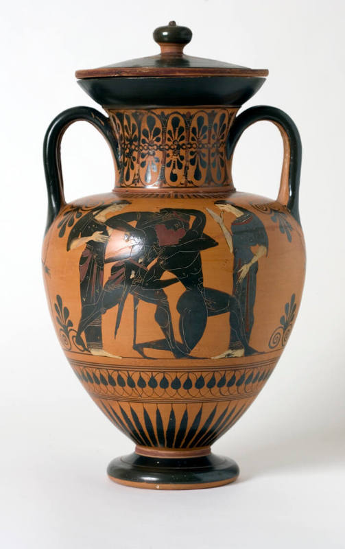 Black-Figure Amphora with Scenes of Apollo Entertaining Dionysus and Hermes, and Theseus Killing the Minotaur